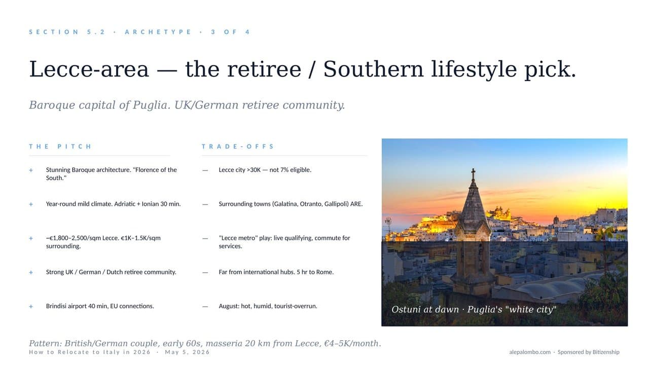 Slide: the Lecce area as the retiree and southern lifestyle pick, with the pitch and the trade-offs